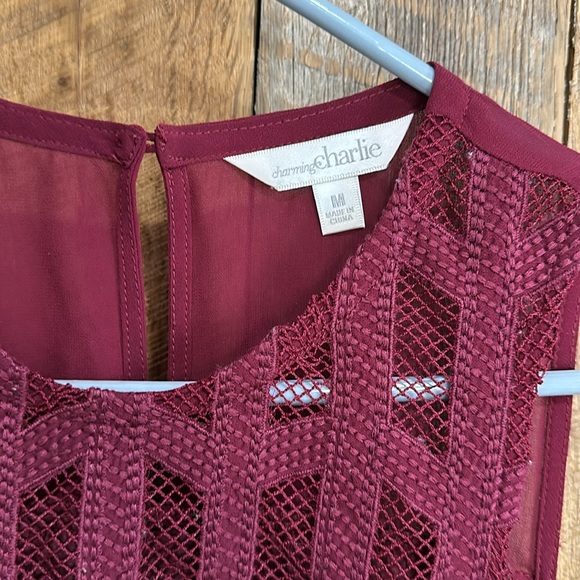 Charming Charlie dark wine lace front sheer overlay lined mini dress size medium - Picture 2 of 8